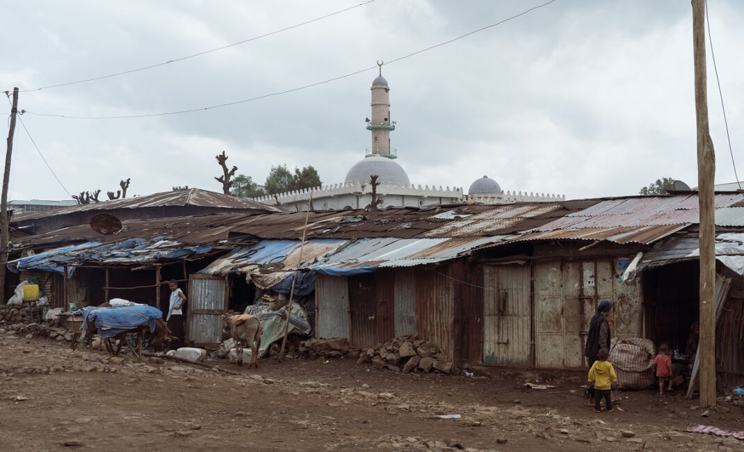 Jamia al-Kbeer Mosque in the background of a line of tin huts. Two people, two young children and a donkey stand around:  Photograph by Jaclynn Ashly for Lacuna story on religious tensions in Ethiopia.