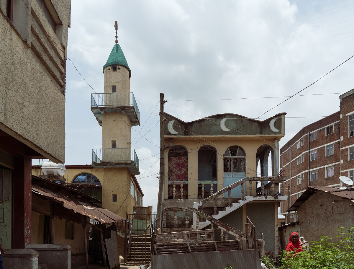 Photograph by Jaclynn Ashly showing the Ergib-ber Mosque, in the central Piassa neighborhood with the windows still being shattered