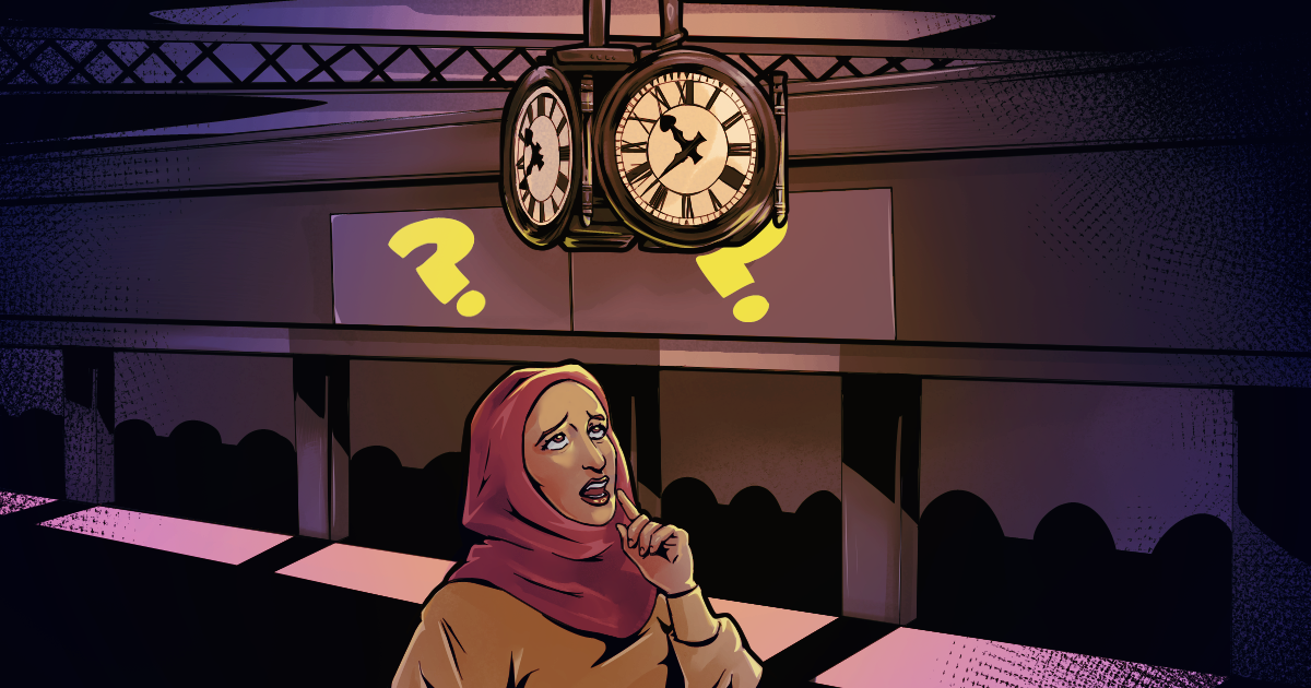 Woman wearing hijab is looking up at a clock. Two screens have a yellow question mark on them.