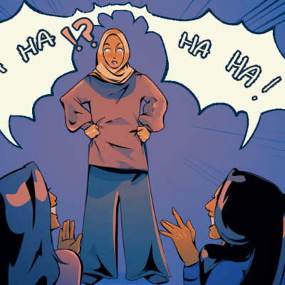 Two women laughing at women with hijab, speech bubbles indicating "HA HA!" on a blue background