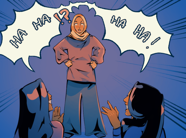 Two women laughing at women with hijab, speech bubbles indicating "HA HA!" on a blue background