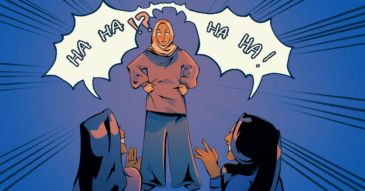 Two women laughing at women with hijab, speech bubbles indicating "HA HA!" on a blue background