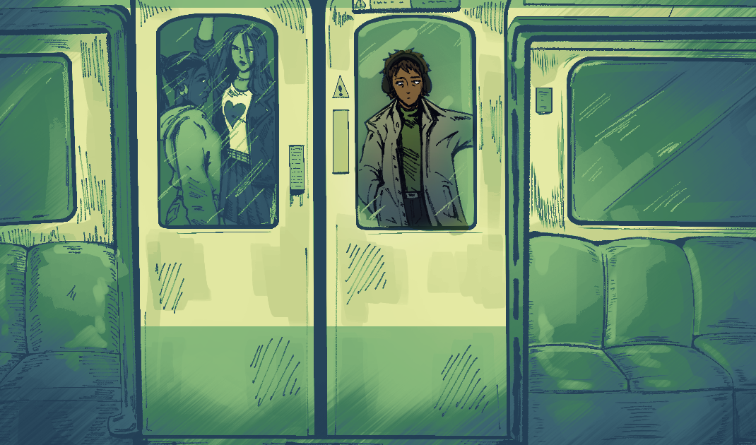 Teenager wearing headphones and a coat is in the tube window's reflection looking at others on the tube from the corner of their eye. The tube is washed in green light. 