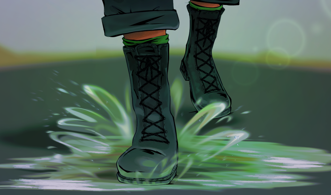 Illustration of person wearing black trousers black boots and green socks stepping into a green puddle in the middle of the road. 