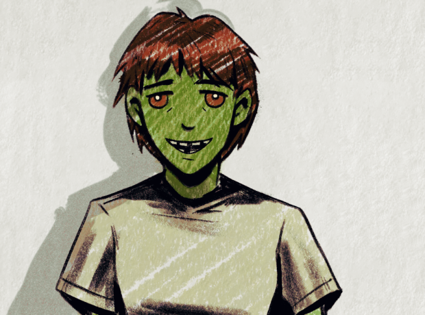 Illustration of a teenager in a white t-shirt, with brown choppy hair, brown eyes and a face coloured in green.