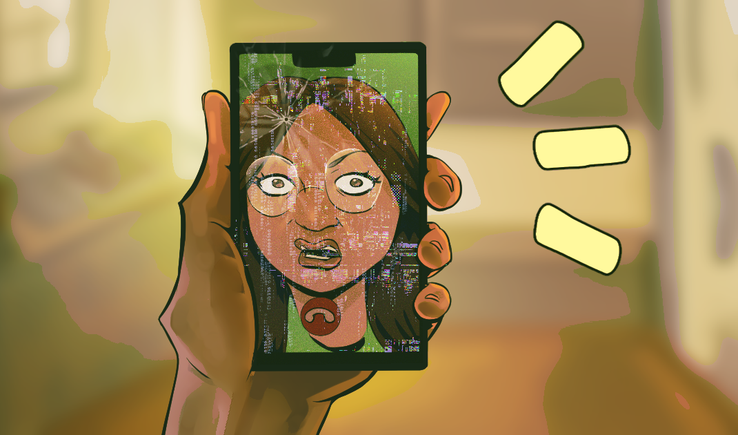 Illustration of someone talking to a Sri Lankan women on a phone with a pixelated and cracked screen. She is wearing glasses and a green shirt.