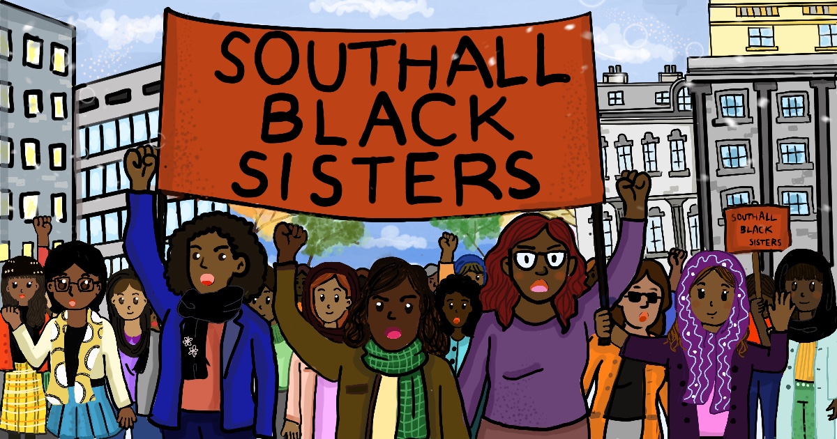 Illustration of women marching and protesting, holding up red signs that say "Southall Black Sisters," with angry/determined expressions on their faces.